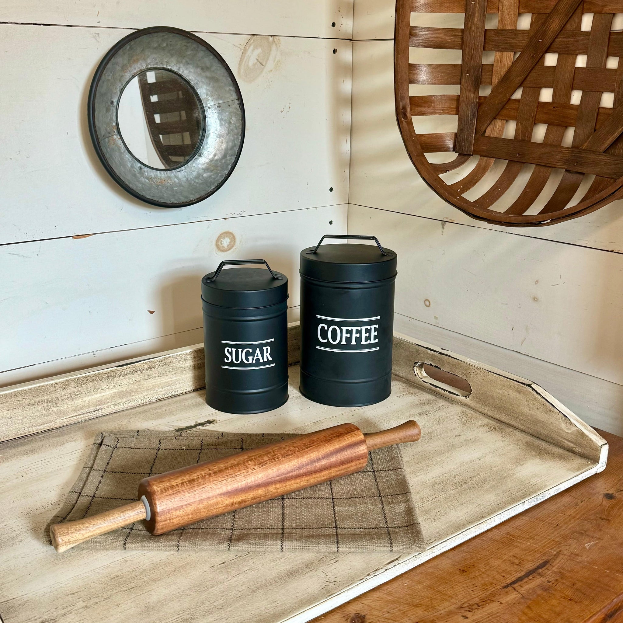 Black Tin Canisters - Set of 2 - Coffee and Sugar Christmas Kitchen Decor, Country Kitchen Decor, Farmhouse Kitchen, Farmhouse Kitchen Ideas, Holiday Kitchen Decor, Home Accent, Home Accents, Kitchen, Kitchen Decor, New, Primitive Kitchen