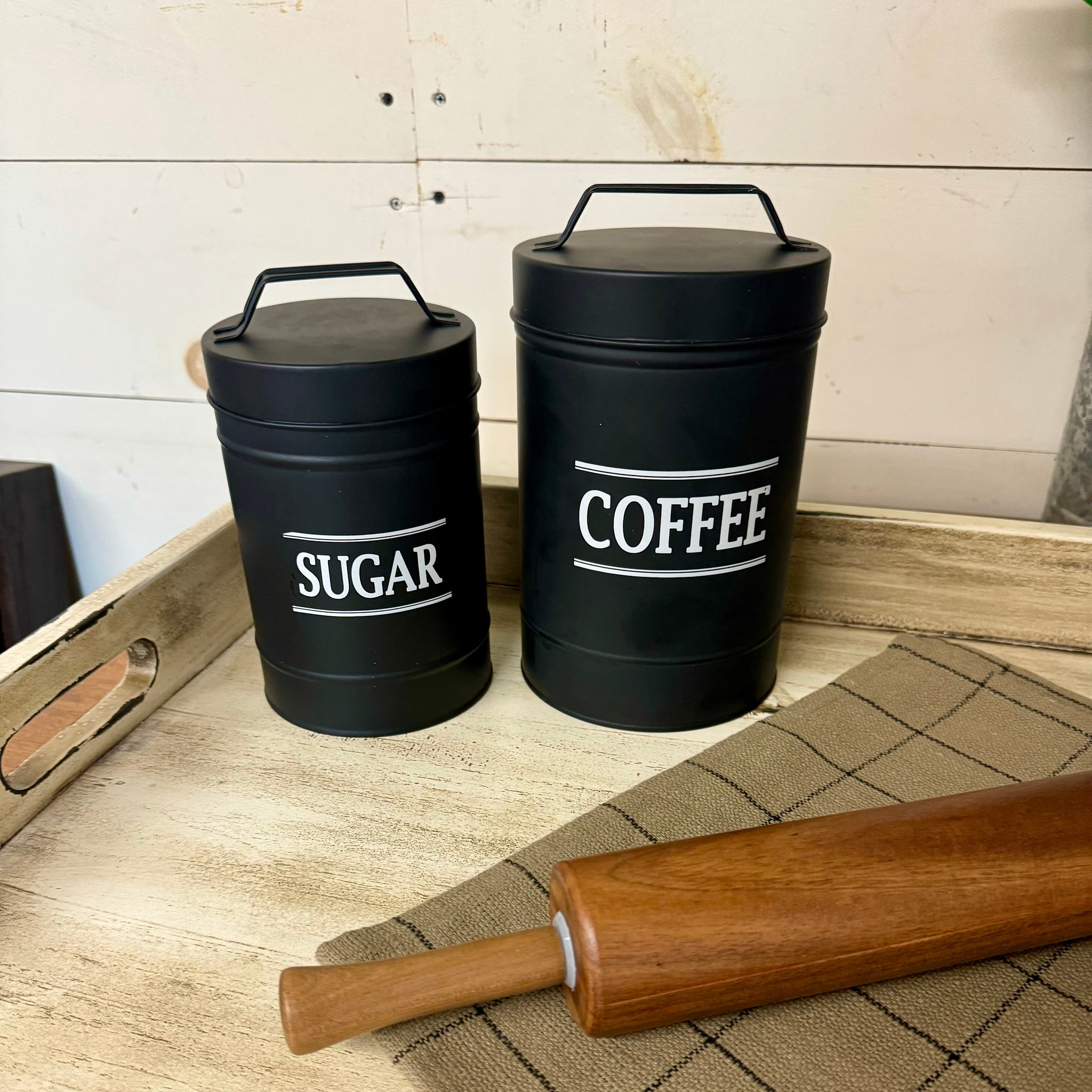 Black Tin Canisters - Set of 2 - Coffee and Sugar Christmas Kitchen Decor, Country Kitchen Decor, Farmhouse Kitchen, Farmhouse Kitchen Ideas, Holiday Kitchen Decor, Home Accent, Home Accents, Kitchen, Kitchen Decor, New, Primitive Kitchen 