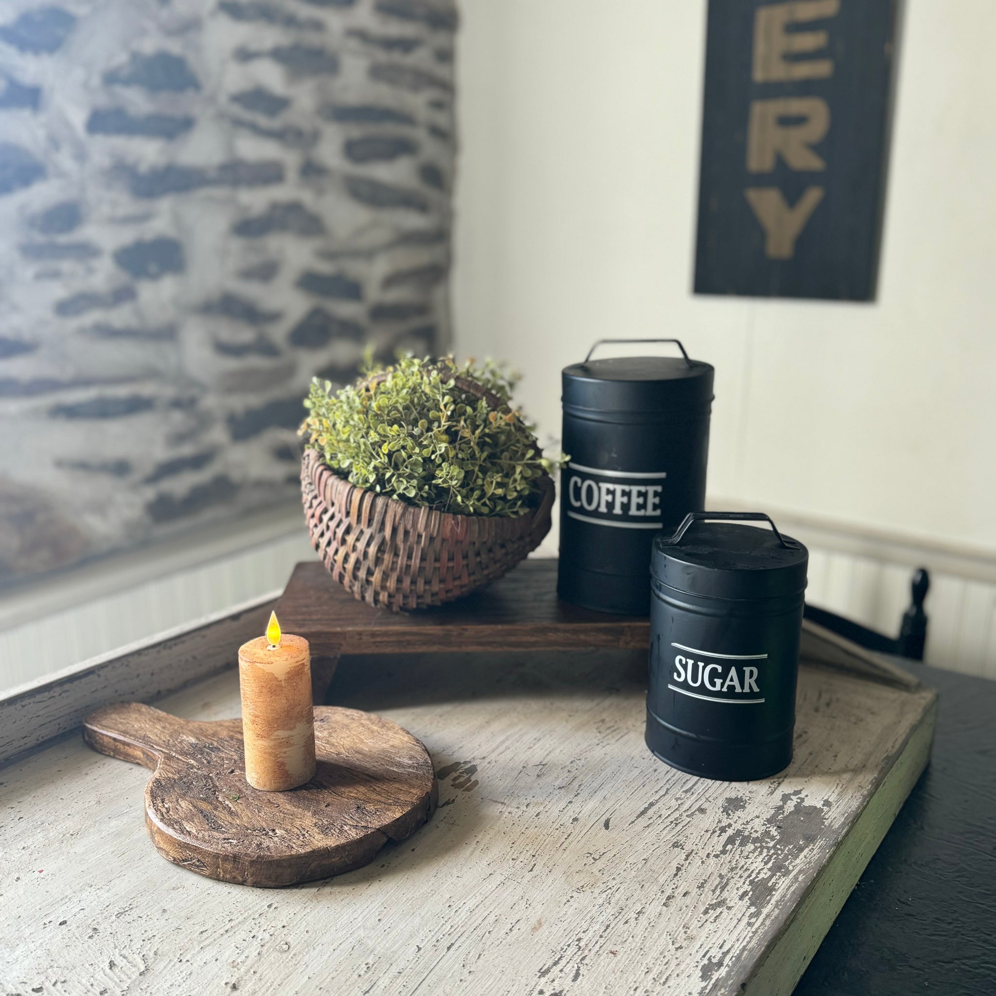 Black Tin Canisters - Set of 2 - Coffee and Sugar