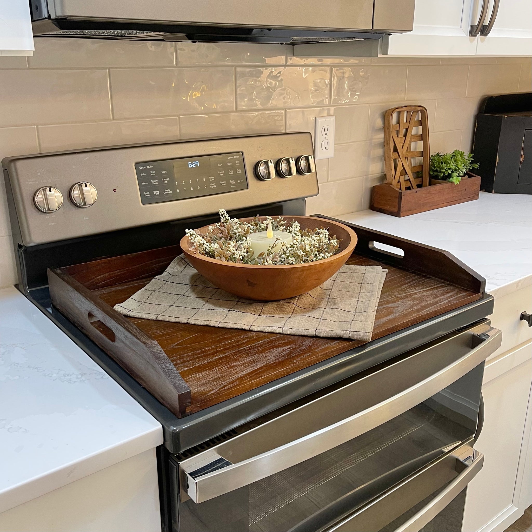 Stove Top Cover | Wood Serving Tray | Noodle Board | Rustic Brown