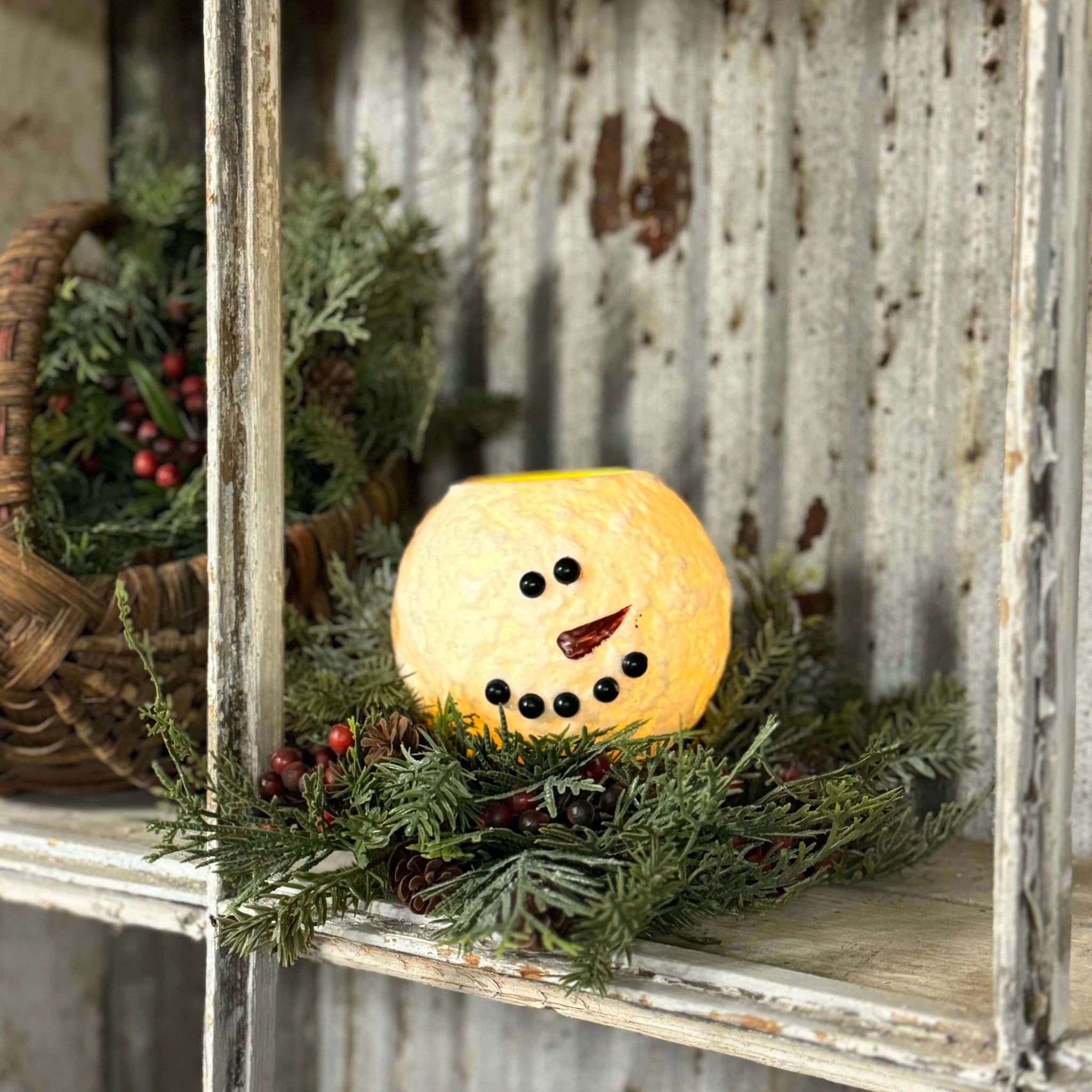 Frank the Round Snowman Candle - 6 Hour Timer Feature Accent Lighting, Candles, Country Lighting, Farmhouse Lighting, Farmhouse Winter Decor, Lighting, Primitive Candles, Primitive Lighting, Primitive Winter Decor, Timer Battery Candles, Winter, Winter Candles, Winter Decor, Winter Decorating, Winter Farmhouse Decor 