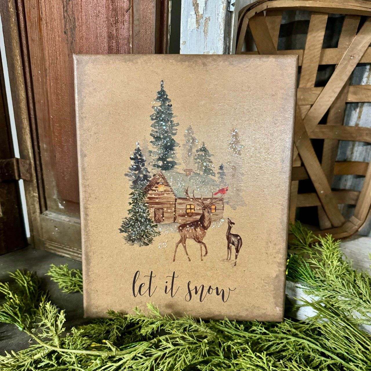 Let It Snow w/Deer & Cabin - Canvas Sign