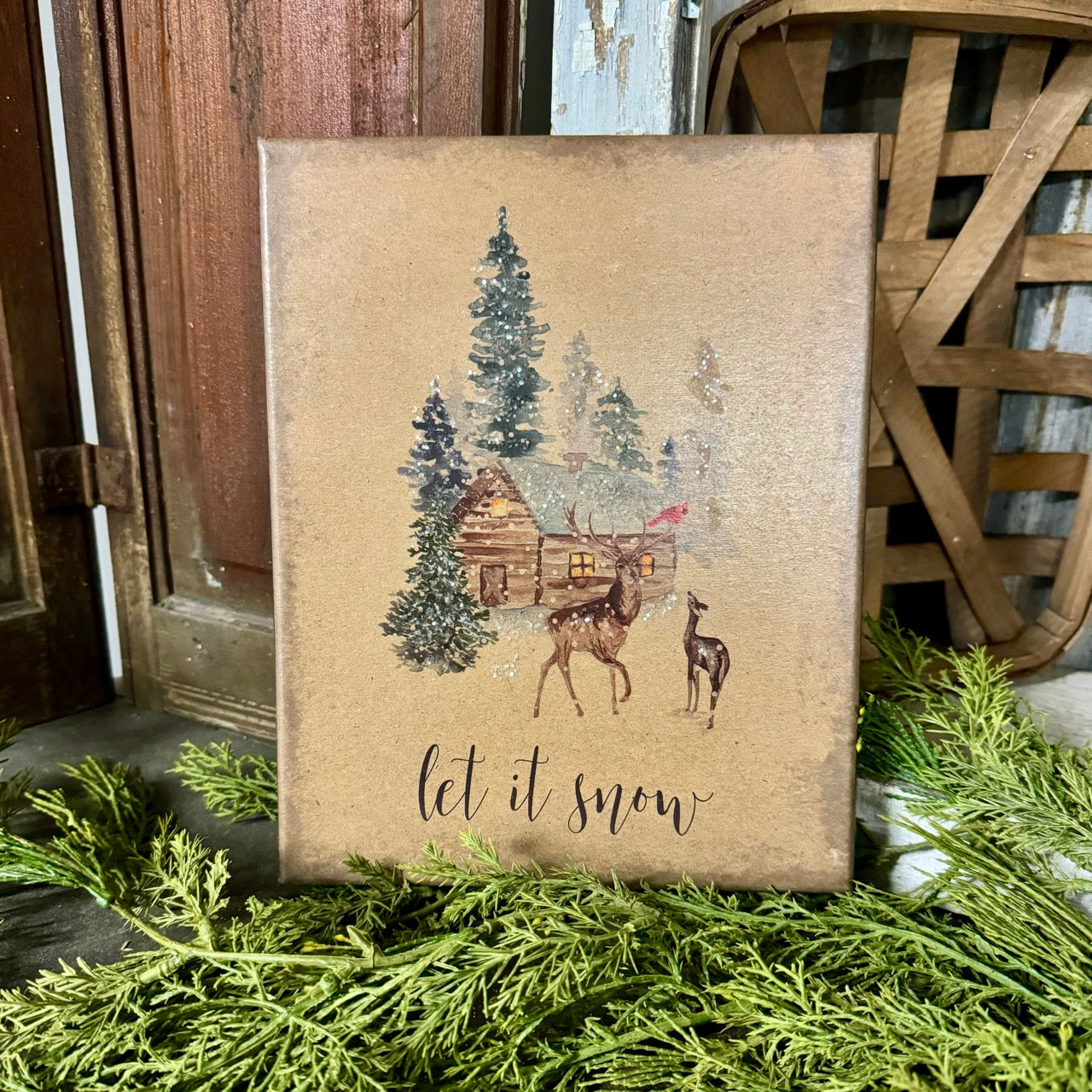 Let It Snow w/Deer & Cabin - Canvas Sign