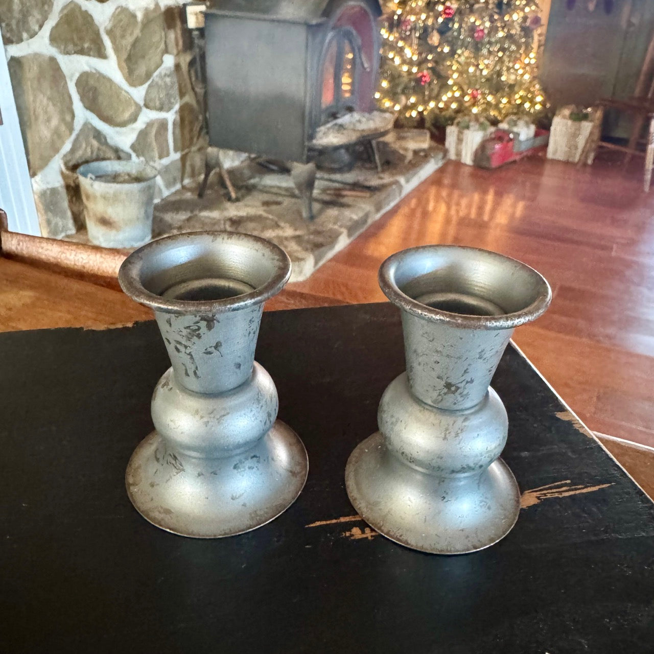 3" Antique Pewter Candle Holders | Set of 2