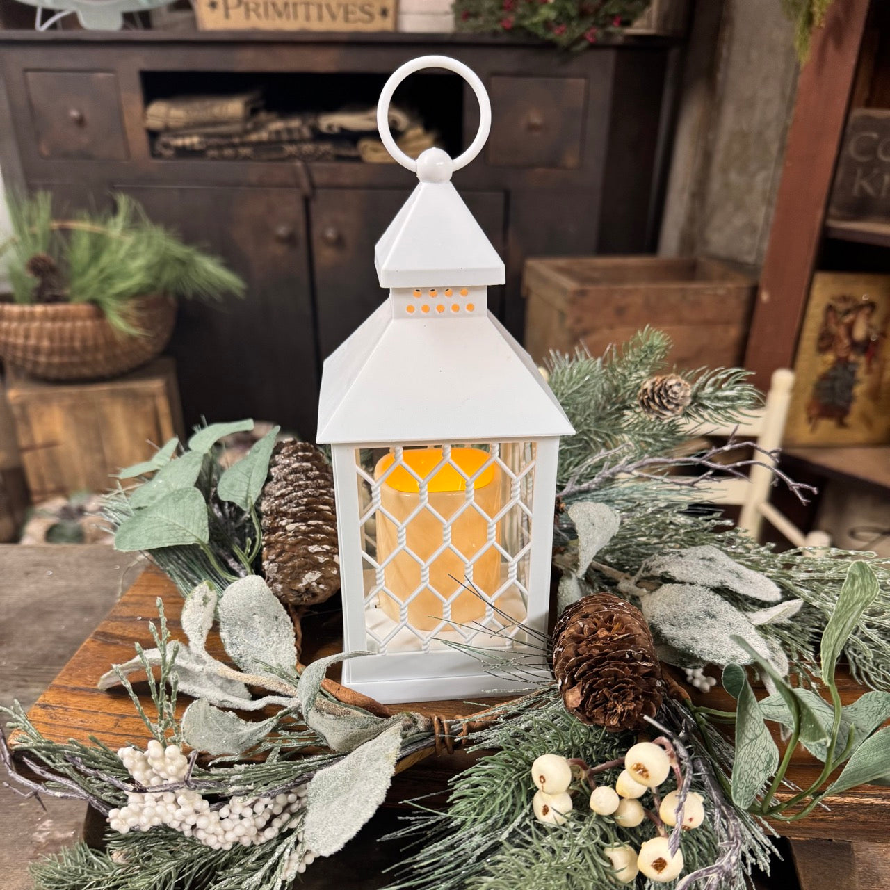 White Flameless Candle Lantern w/Wreath Set