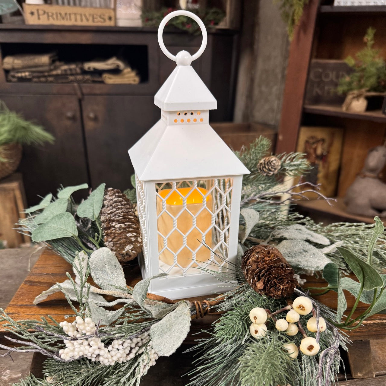 White Flameless Candle Lantern w/Wreath Set