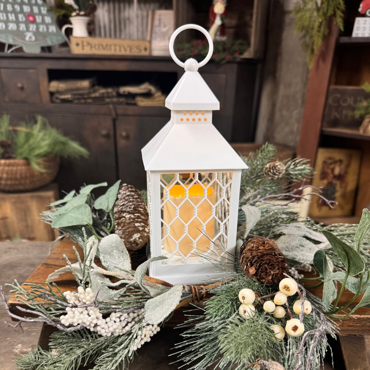 White Flameless Candle Lantern w/Wreath Set