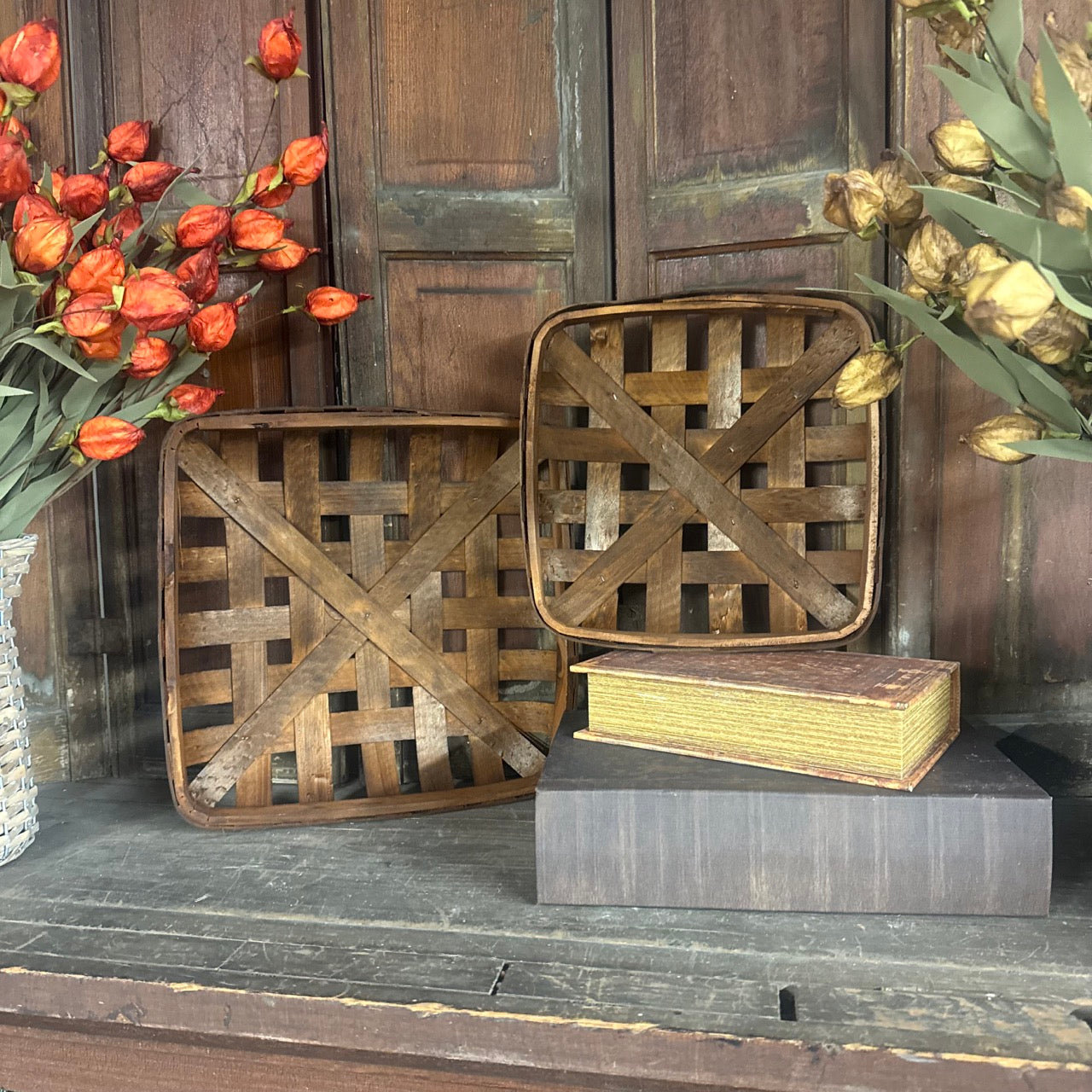 Square Wooden Decorative Baskets - Set of 2