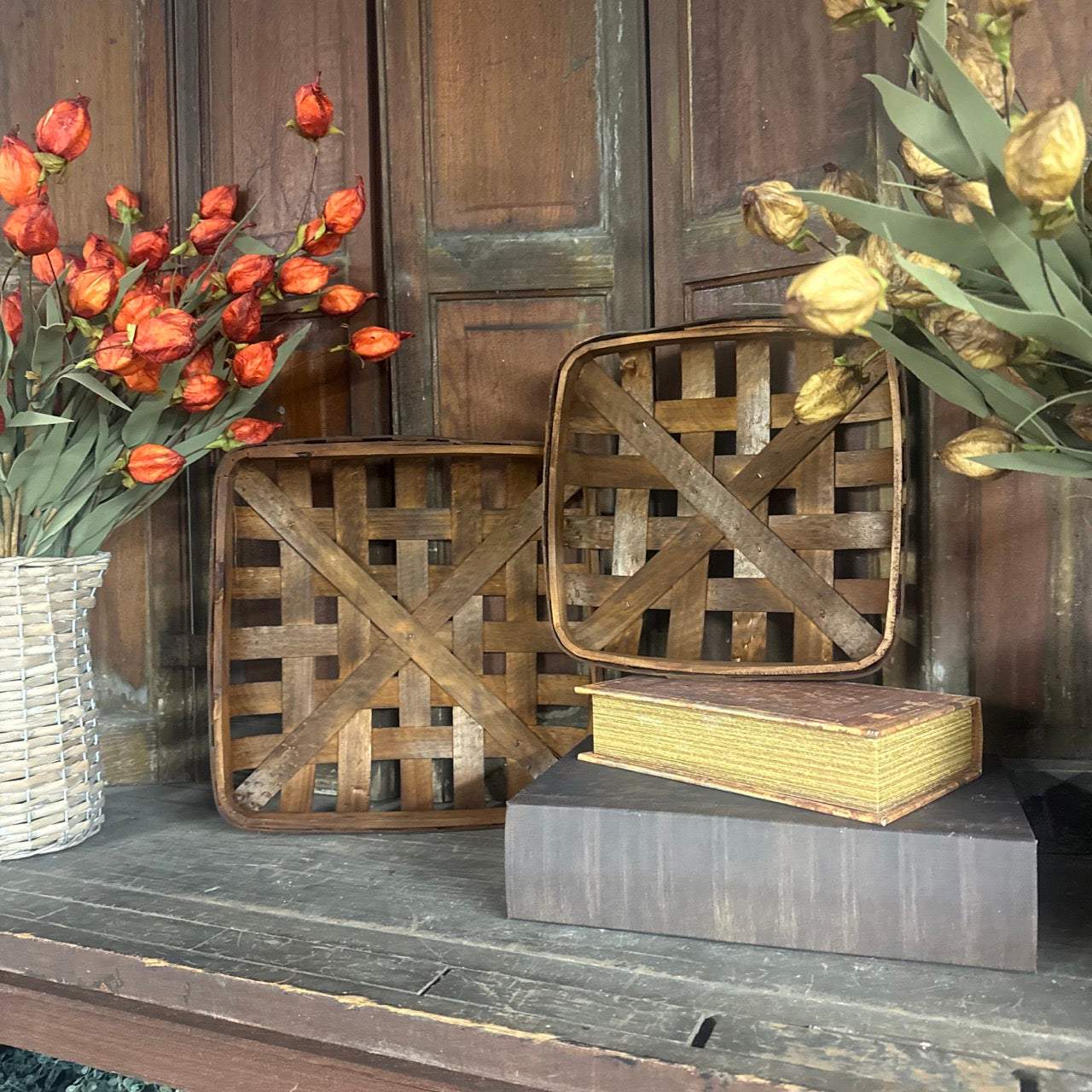 Square Wooden Decorative Baskets - Set of 2