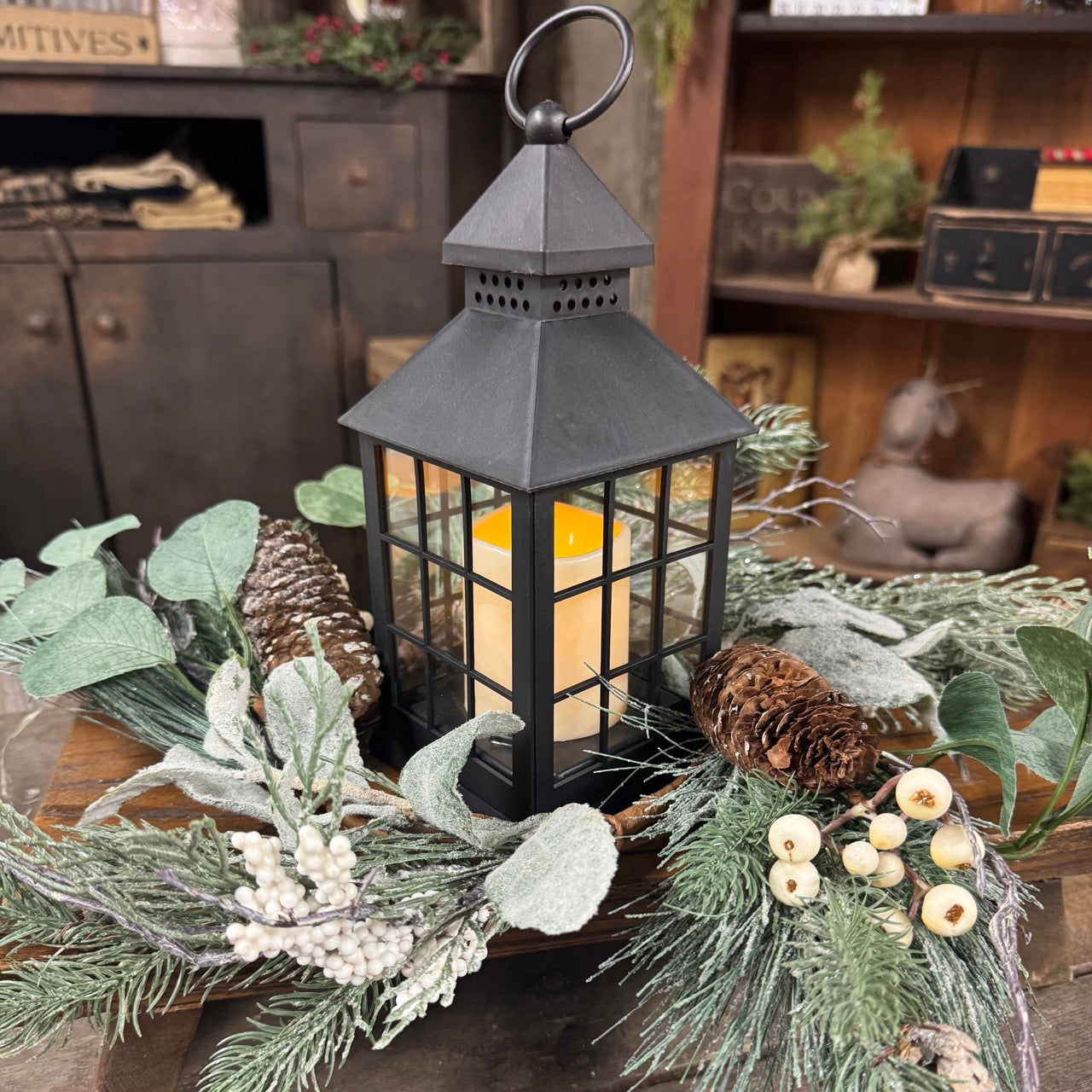 Black Flameless Candle Lantern w/Wreath Set