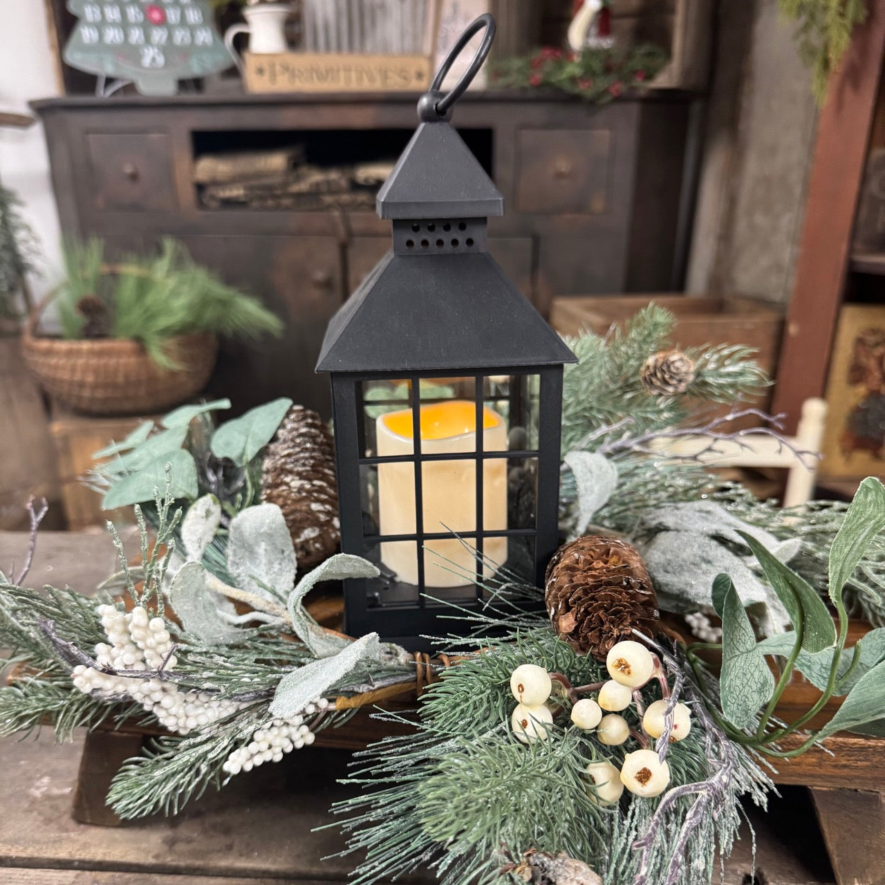 Black Flameless Candle Lantern w/Wreath Set