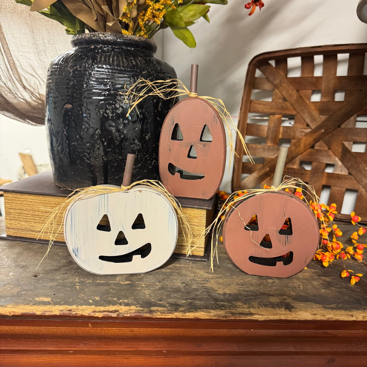 Set of 3 - Wooden Pumpkin Sitters