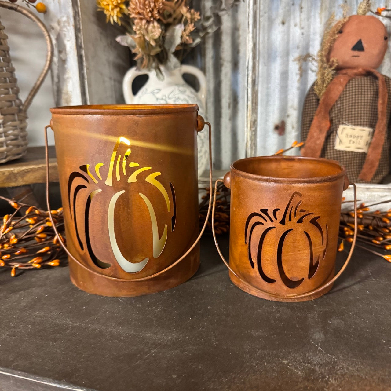Rusty Metal Pumpkin Buckets - Set of 2