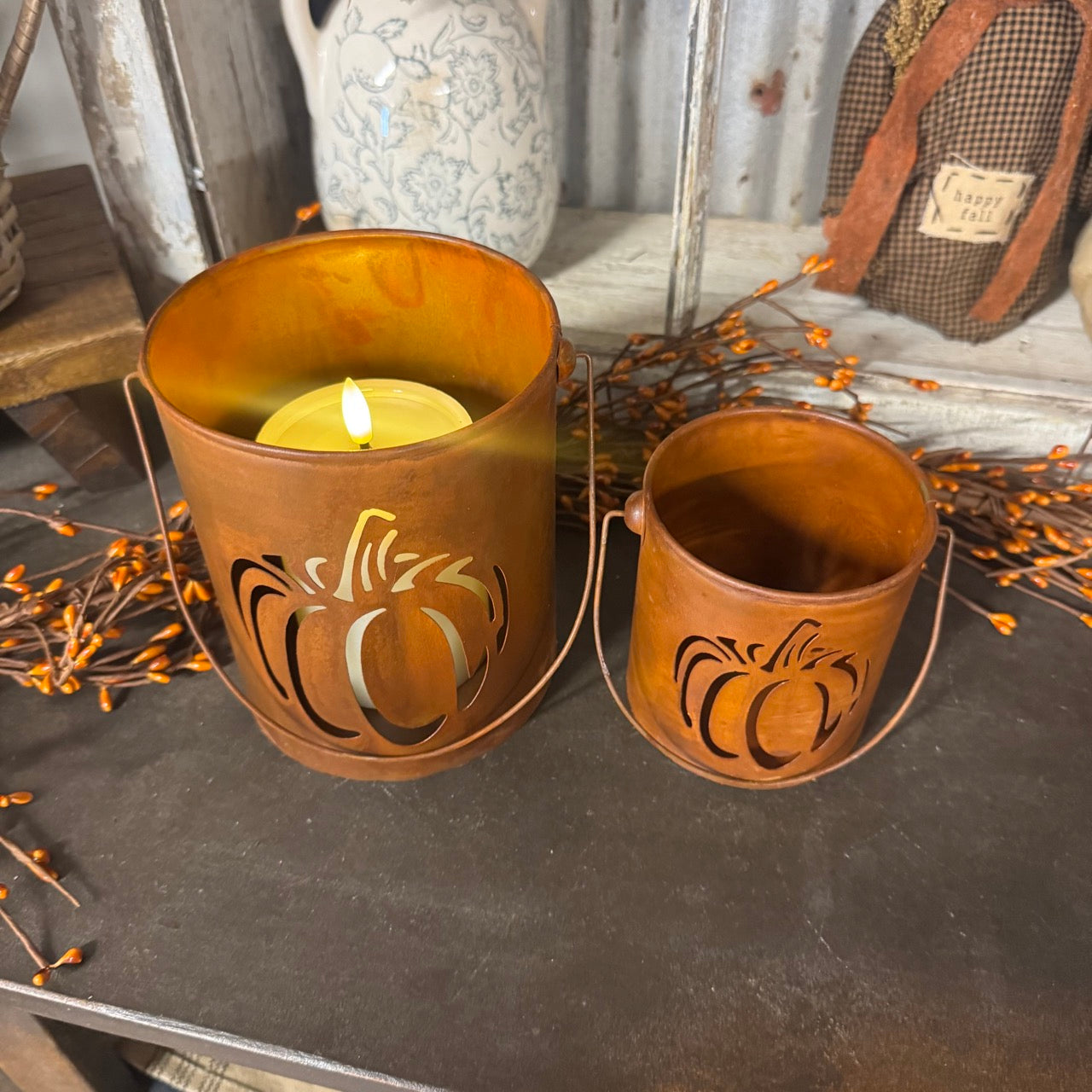 Rusty Metal Pumpkin Buckets - Set of 2