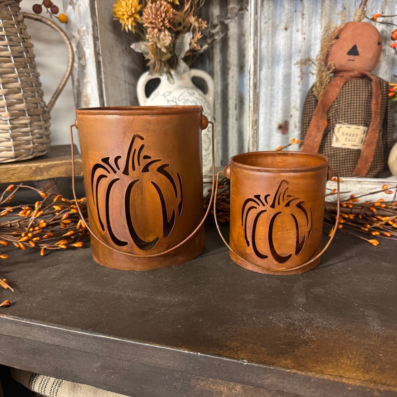 Rusty Metal Pumpkin Buckets - Set of 2