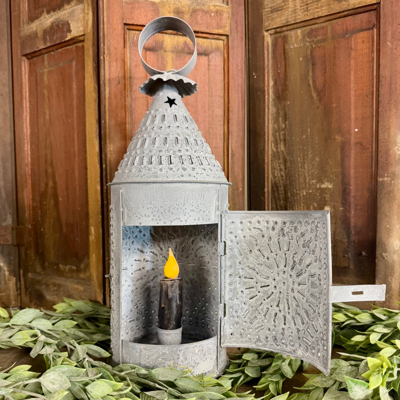 Farmhouse Lantern w/Candle Set - Galvanized