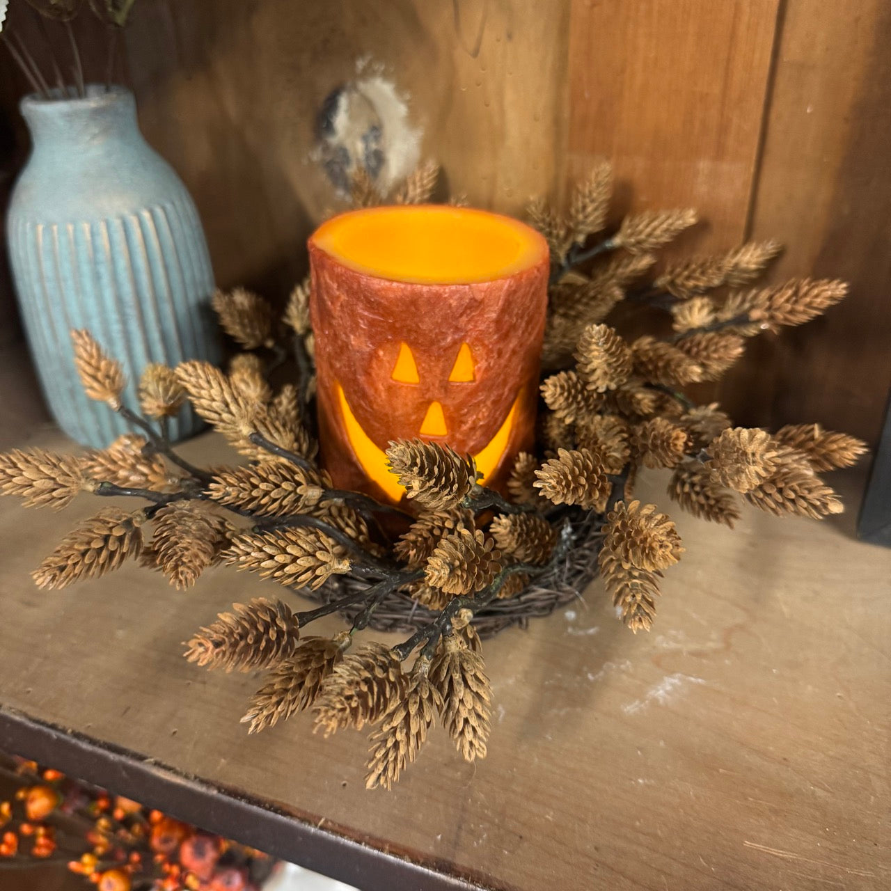 Pine Cone Candle Ring w/Jack O'Lantern Candle Set