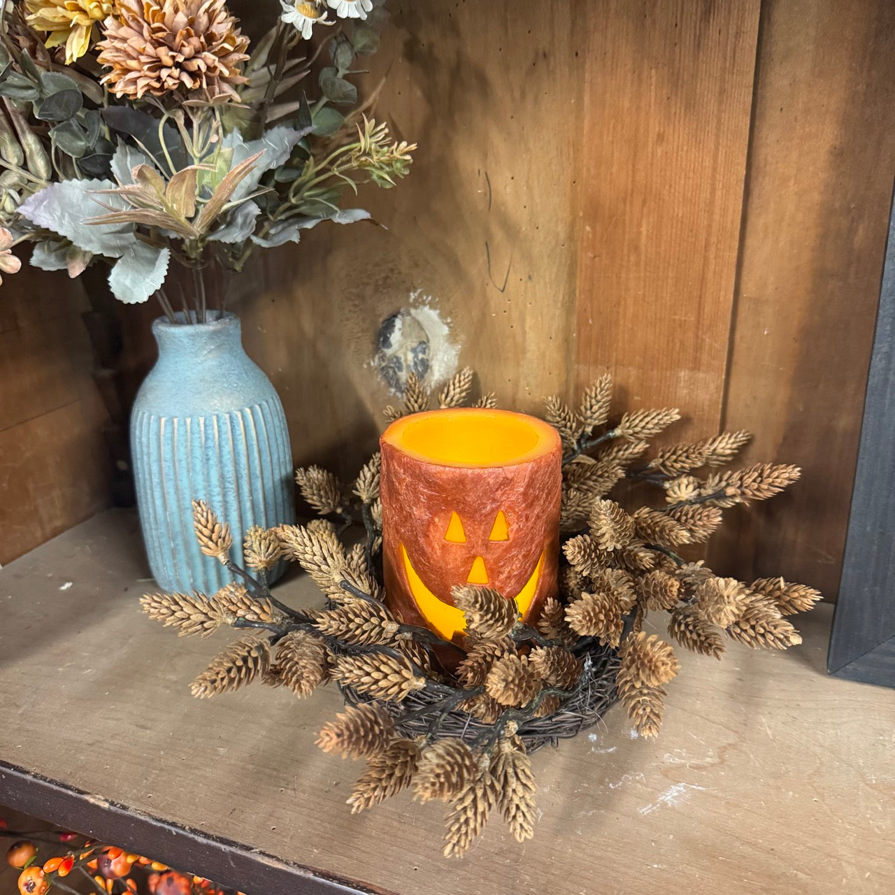 Pine Cone Candle Ring w/Jack O'Lantern Candle Set