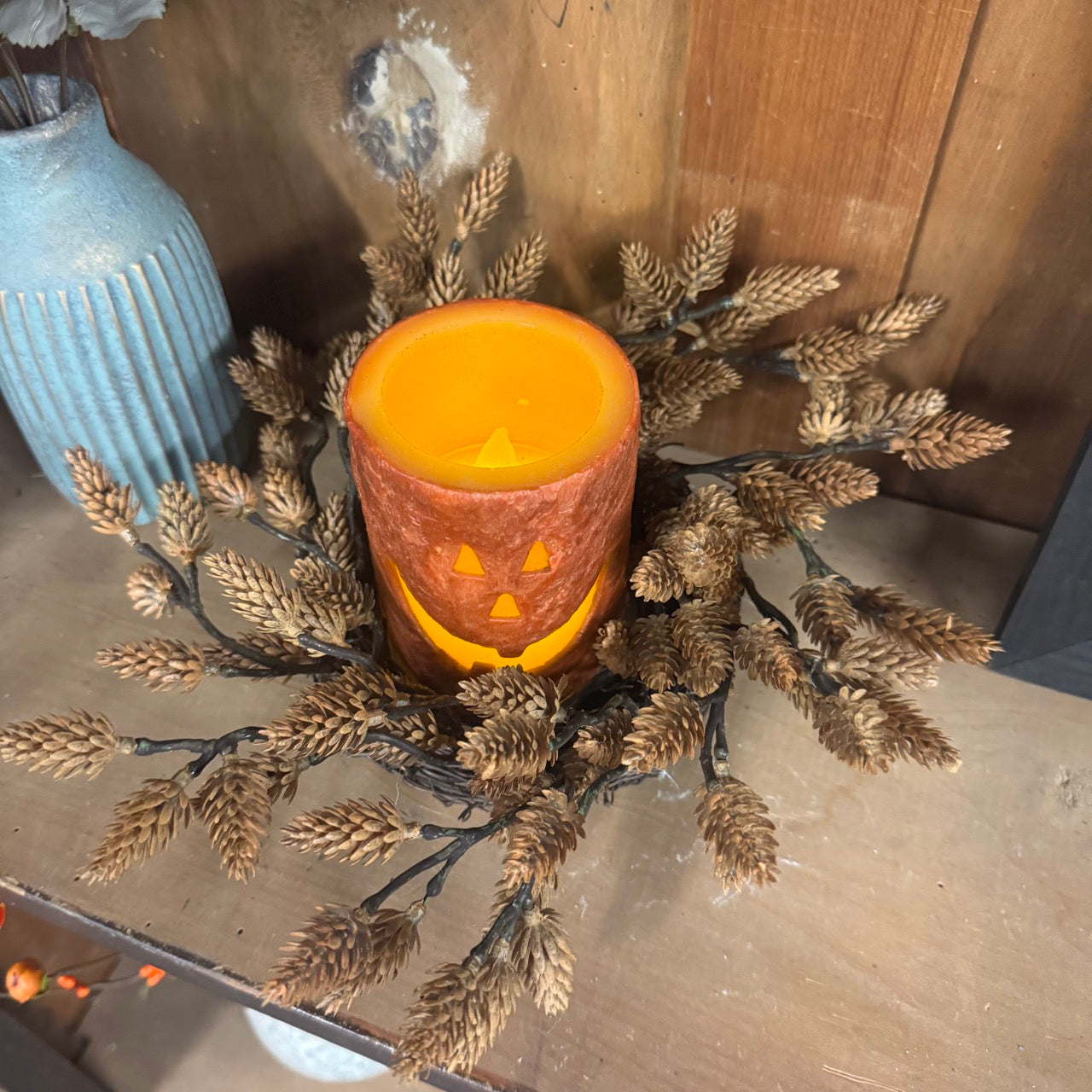 Pine Cone Candle Ring w/Jack O'Lantern Candle Set