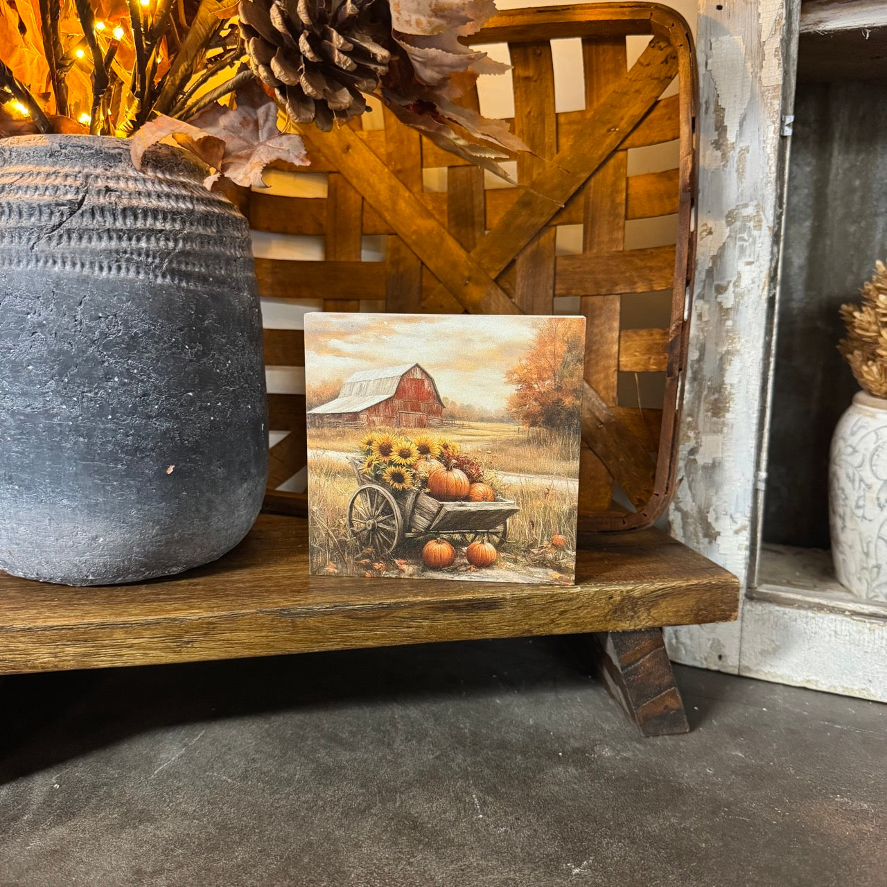 Pumpkin Cart Wooden Block Sitter - Medium
