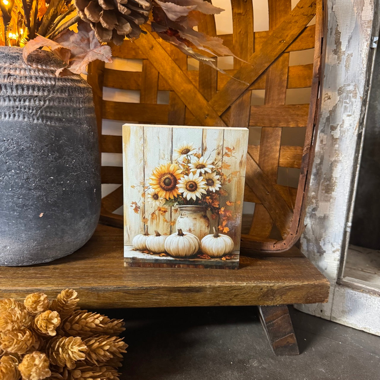 Sunflowers & Pumpkins Wooden Block Sitter - Medium