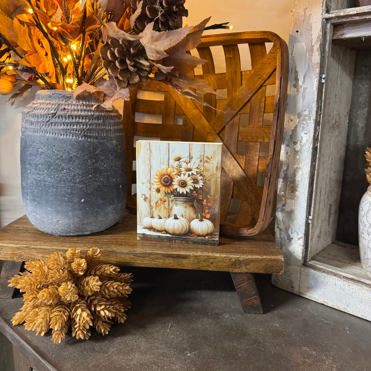 Sunflowers & Pumpkins Wooden Block Sitter - Medium