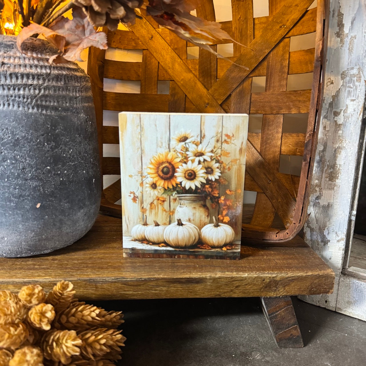Sunflowers & Pumpkins Wooden Block Sitter - Medium