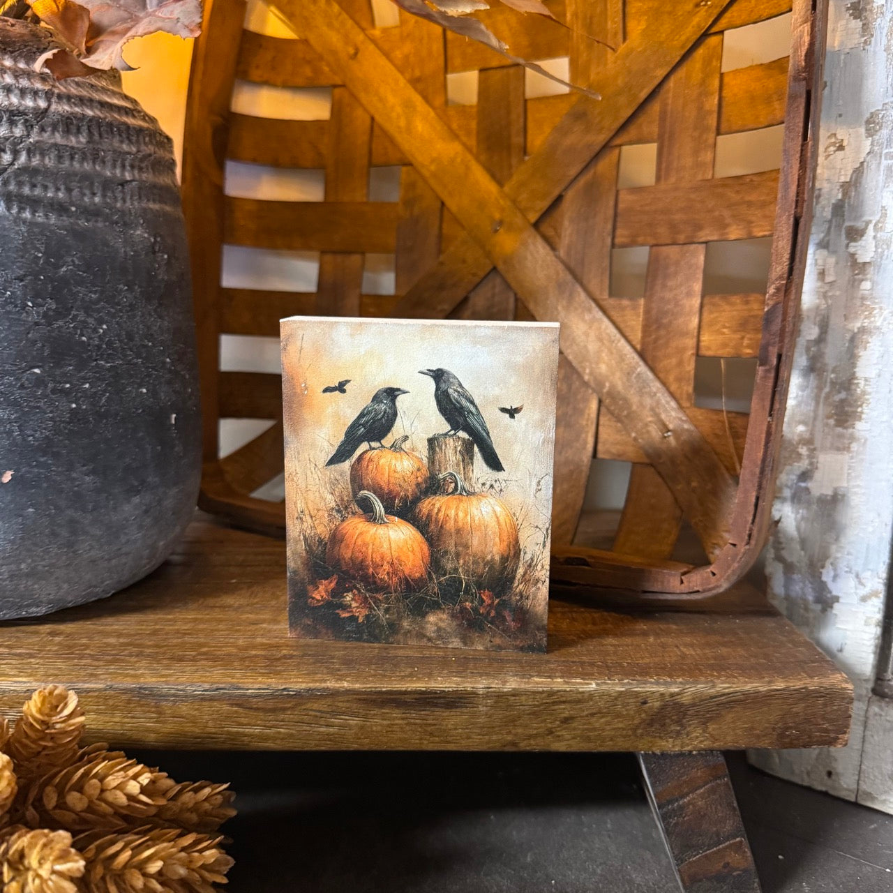 Pumpkin & Crows Wooden Block Sitter - Small