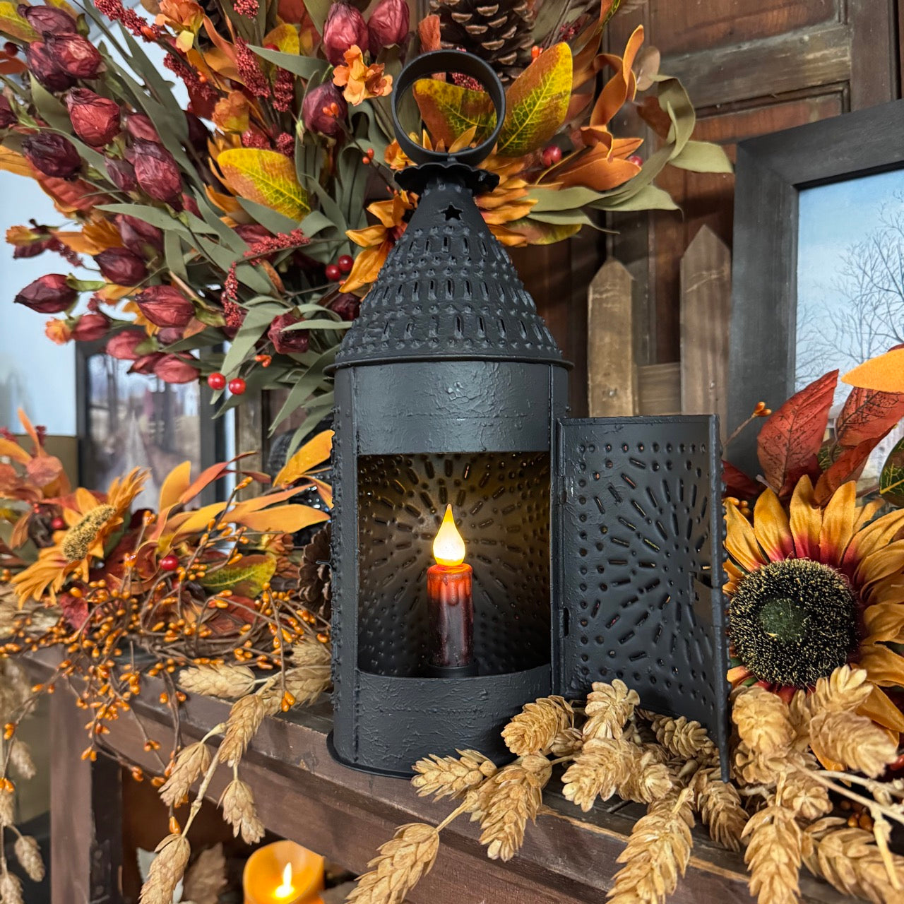 Farmhouse Lantern w/Brown Candle Set