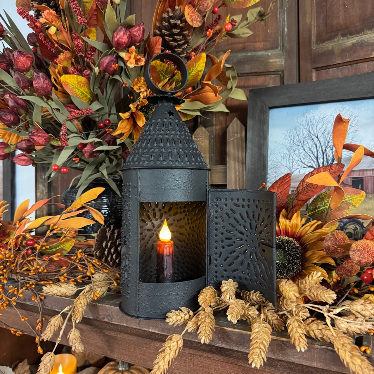 Farmhouse Lantern w/Brown Candle Set