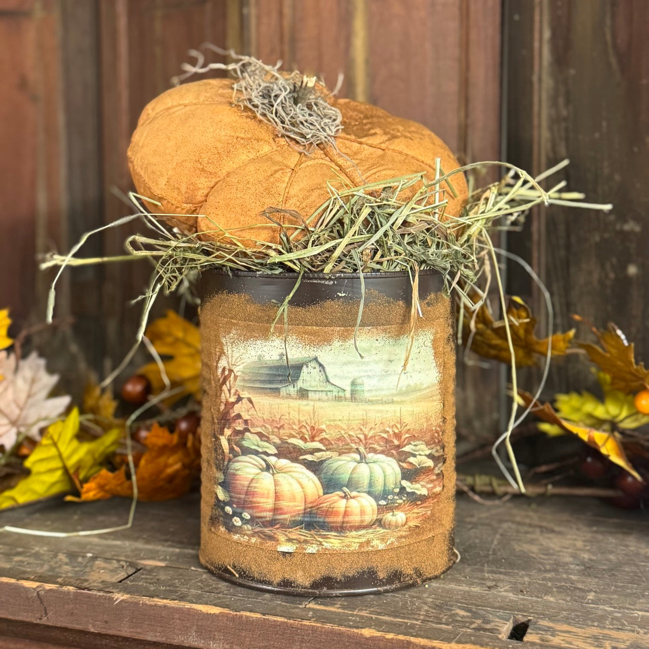 Pumpkin Patch Can w/Handmade Pumpkin