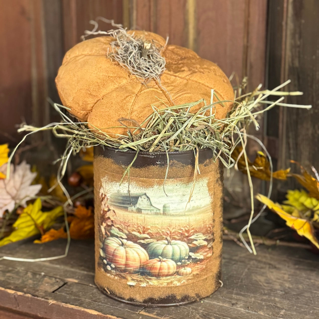 Pumpkin Patch Can w/Handmade Pumpkin