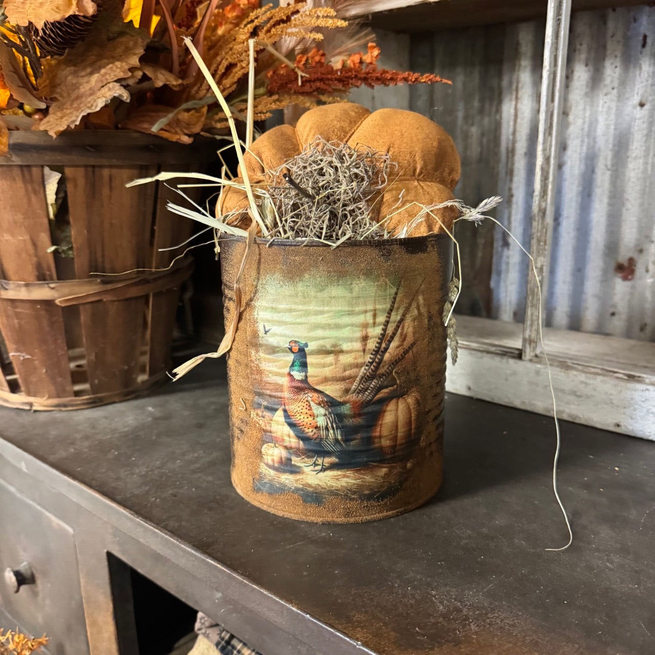 Harvest Pumpkin Can w/ Handmade Pumpkin