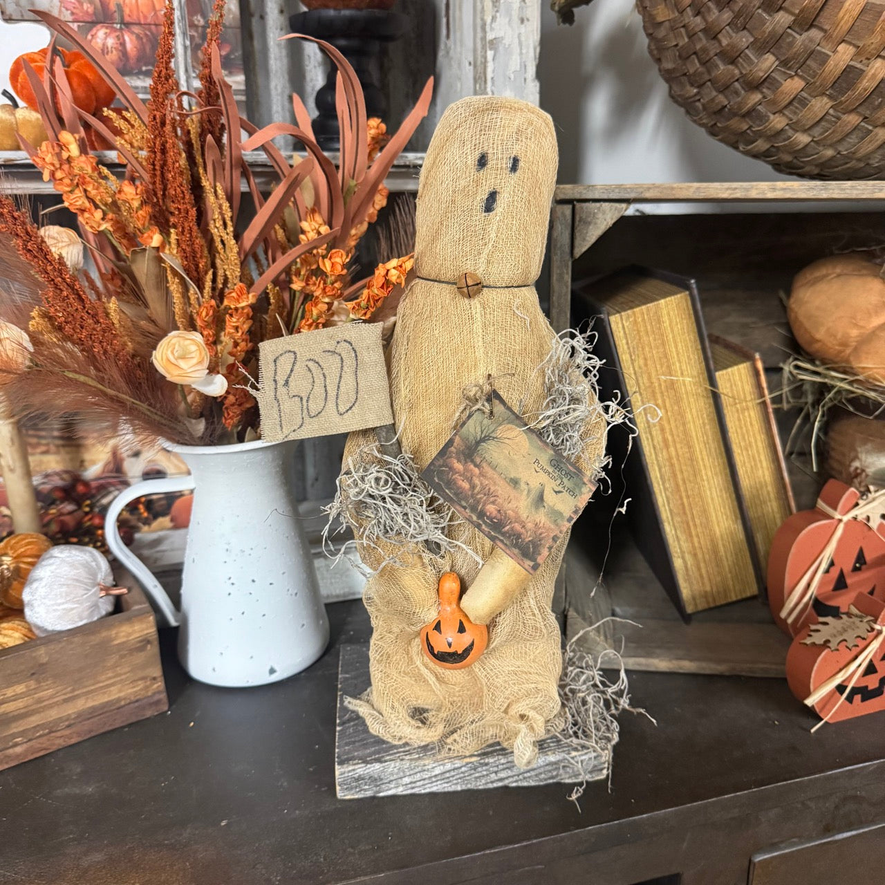 The Gathered Ghost – Rustic Shelf Sitter for Fall