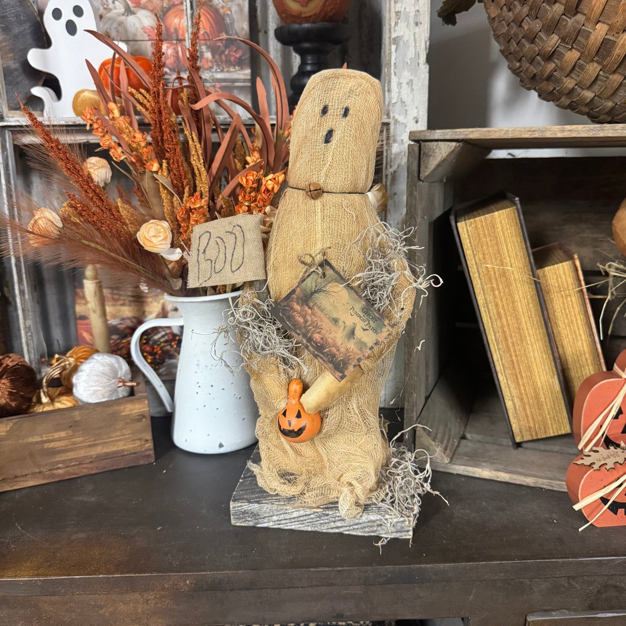 The Gathered Ghost – Rustic Shelf Sitter for Fall