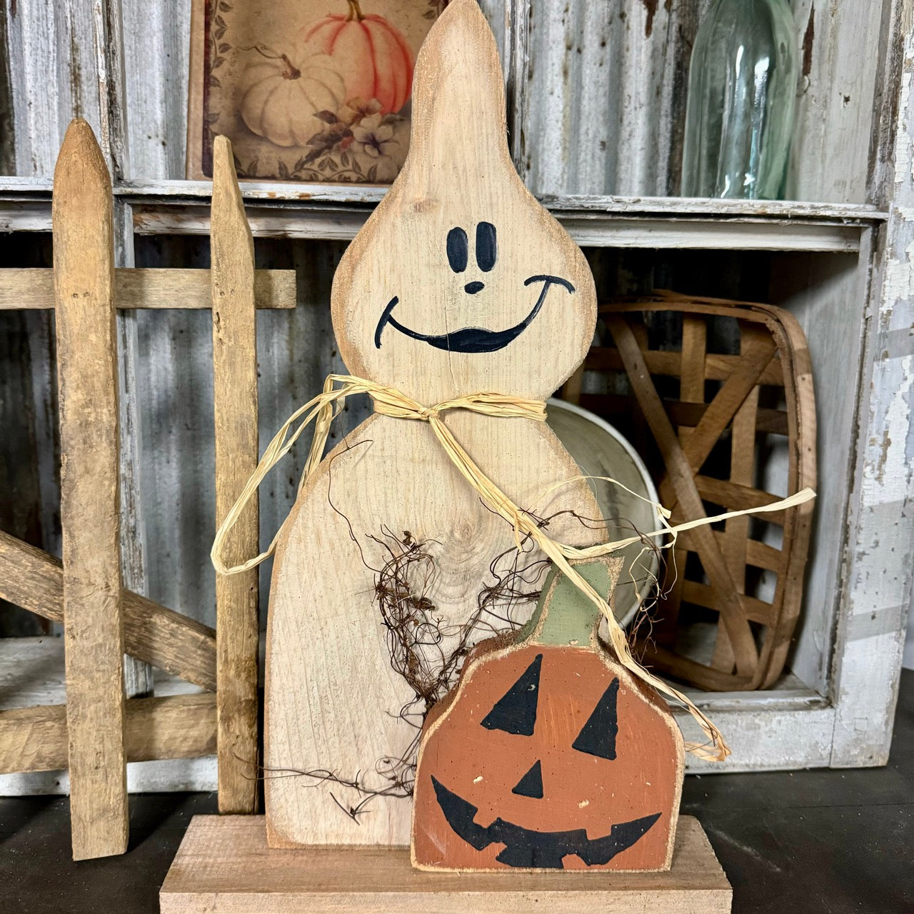 Rustic Wooden Ghost w/Pumpkin