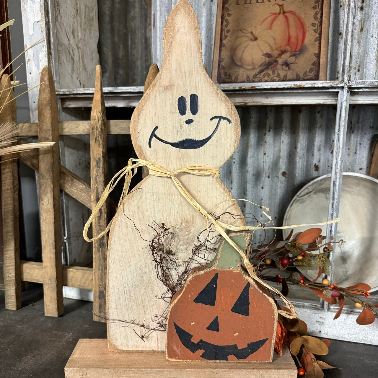 Rustic Wooden Ghost w/Pumpkin