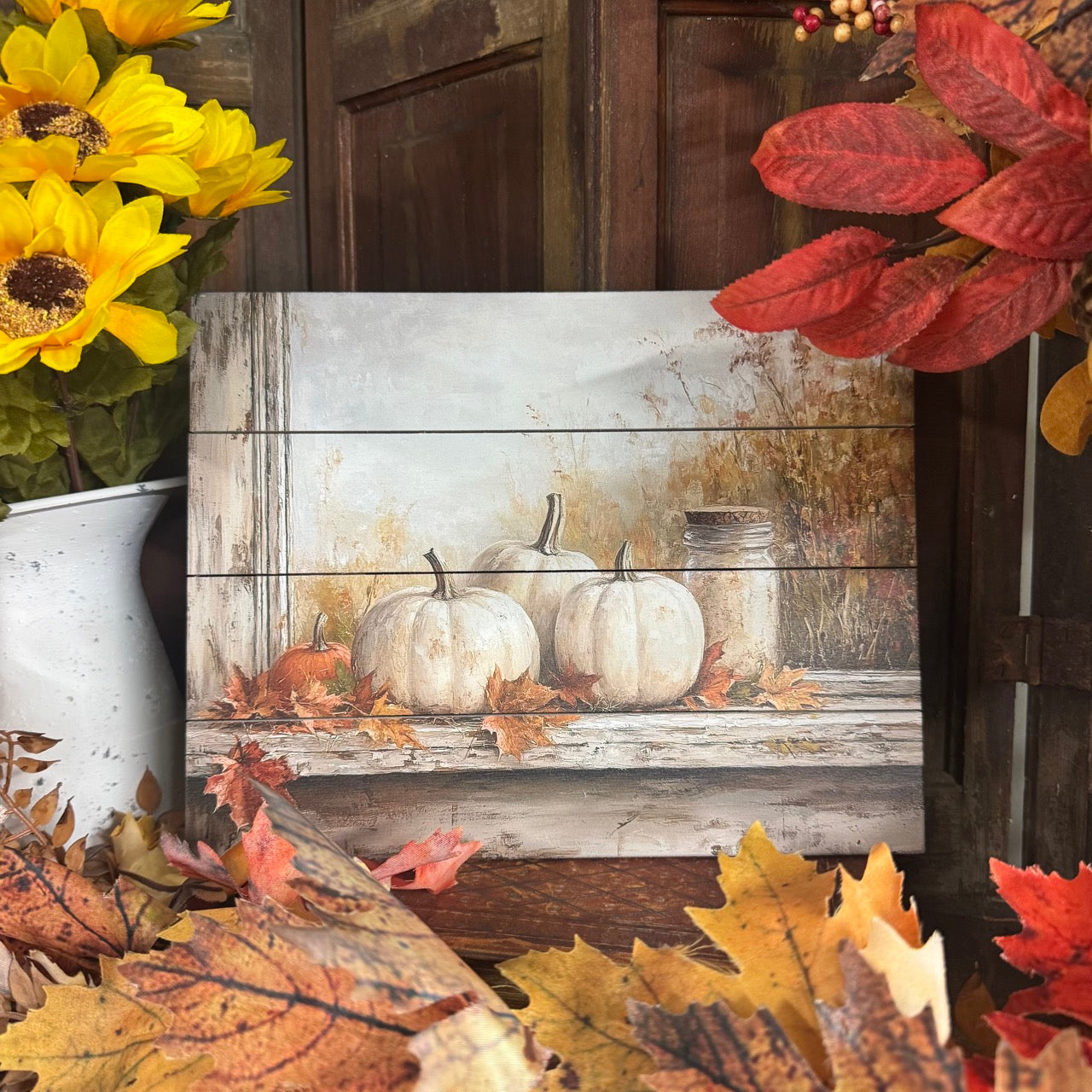Olde Maple Lane – Fall Pallet Art with White Pumpkins