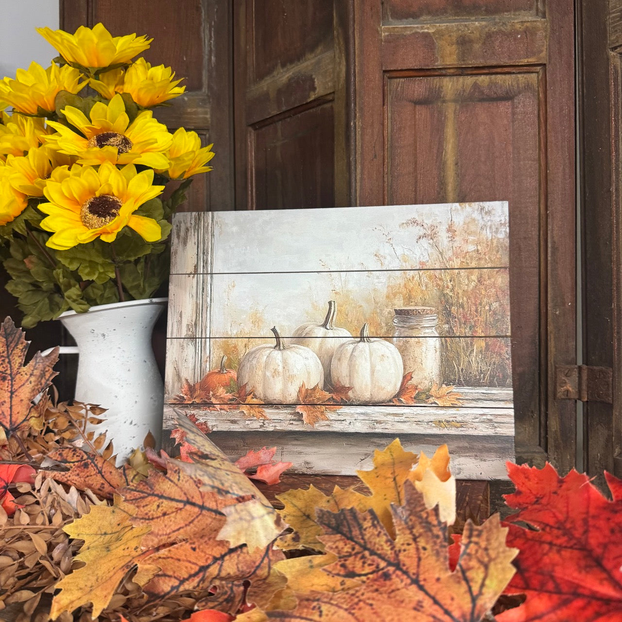 Olde Maple Lane – Fall Pallet Art with White Pumpkins