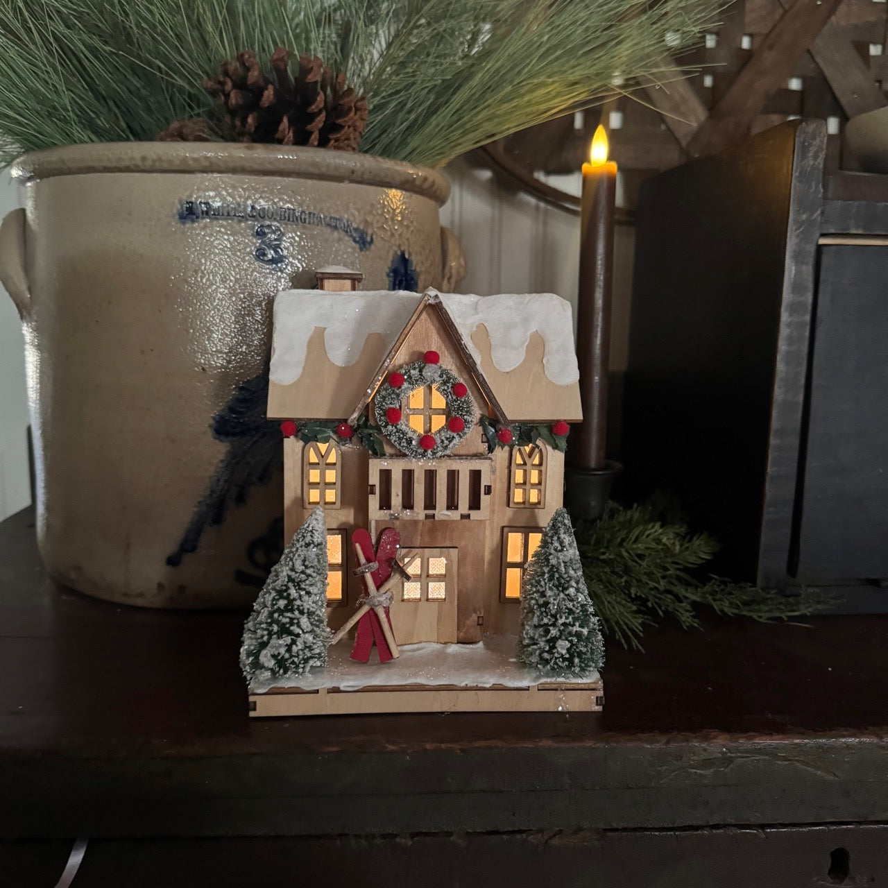 Wooden Ski Lodge - Lighted