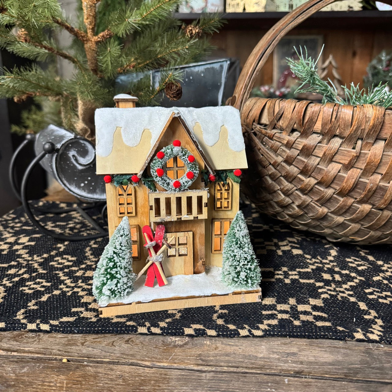 Wooden Ski Lodge - Lighted