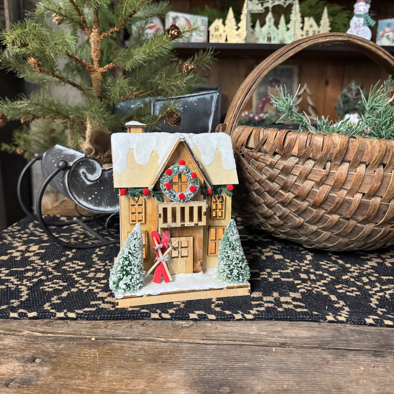 Wooden Ski Lodge - Lighted