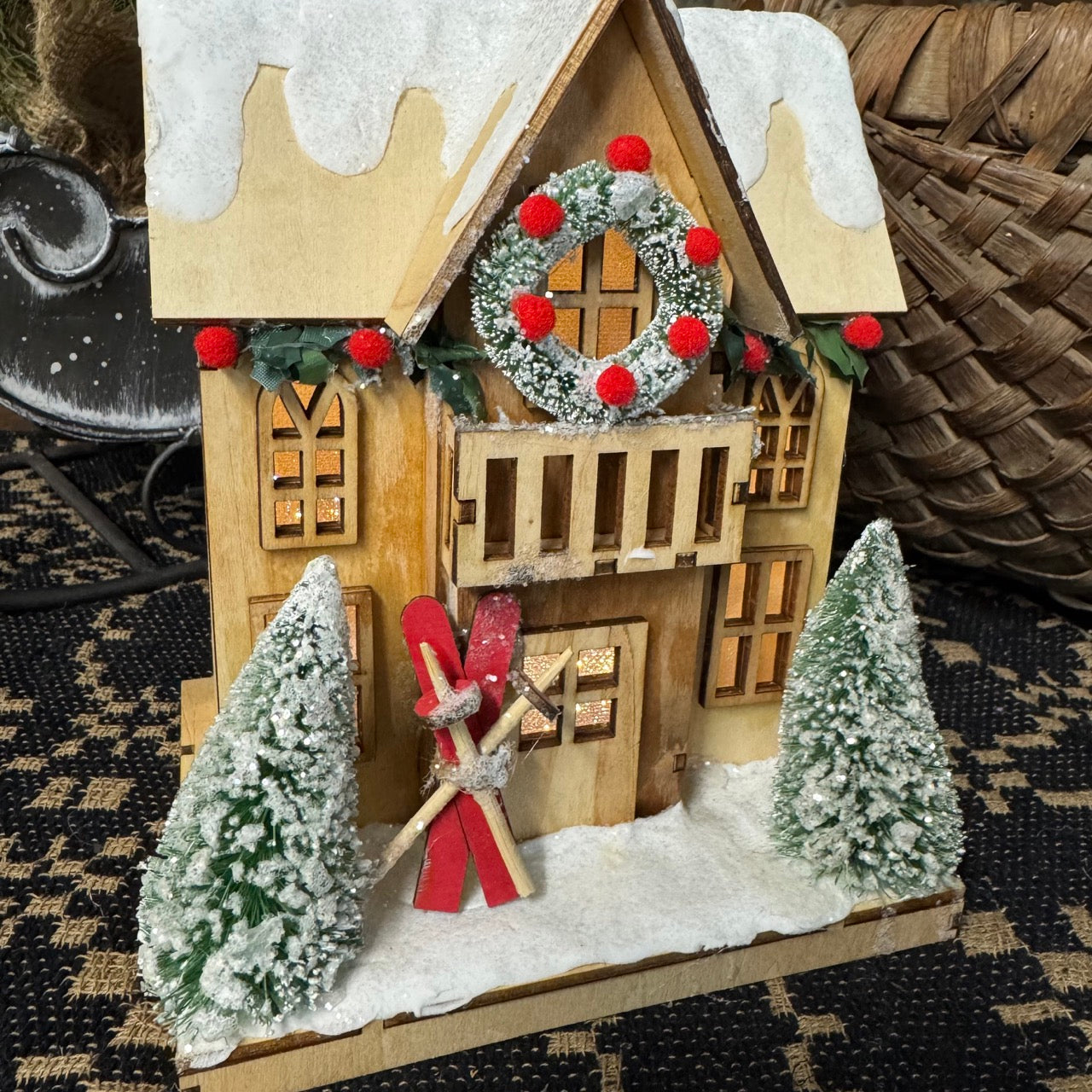 Wooden Ski Lodge - Lighted