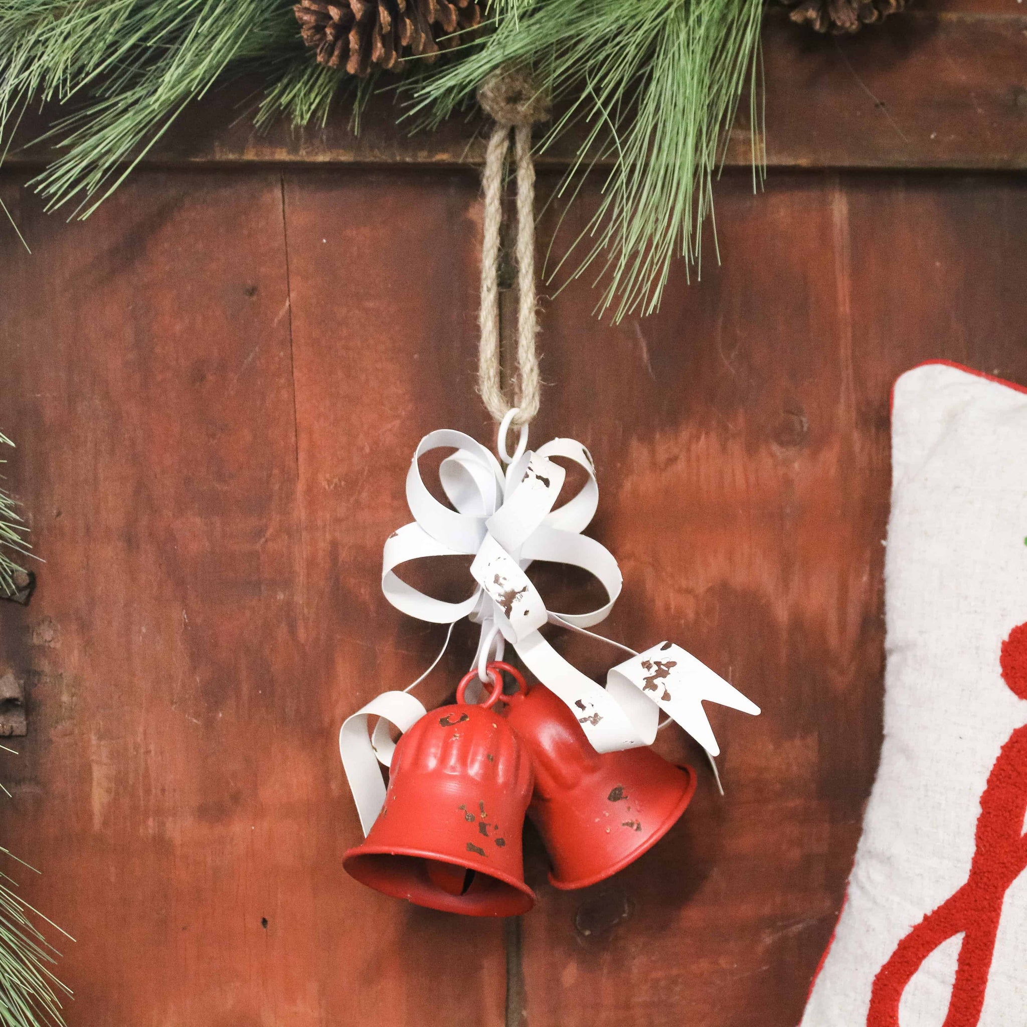 Large Red Metal Christmas Bells in Vintage Farmhouse Style, Set of Three